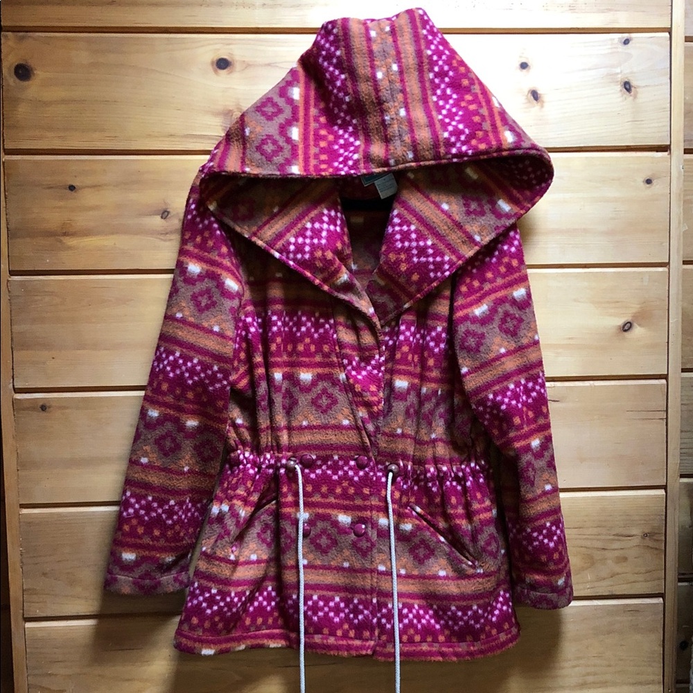 Vintage Cozy Sweatshirt Button up Hoodie drawstring geometric Pink Orange M